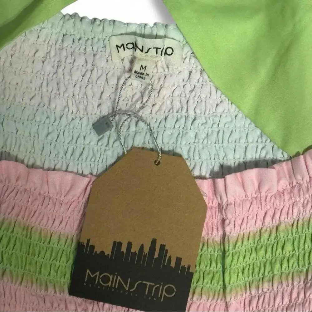 Tiered Halter Mini Dress Green Pink Striped Cutout Size M Main Strip Resort - Picture 6 of 9